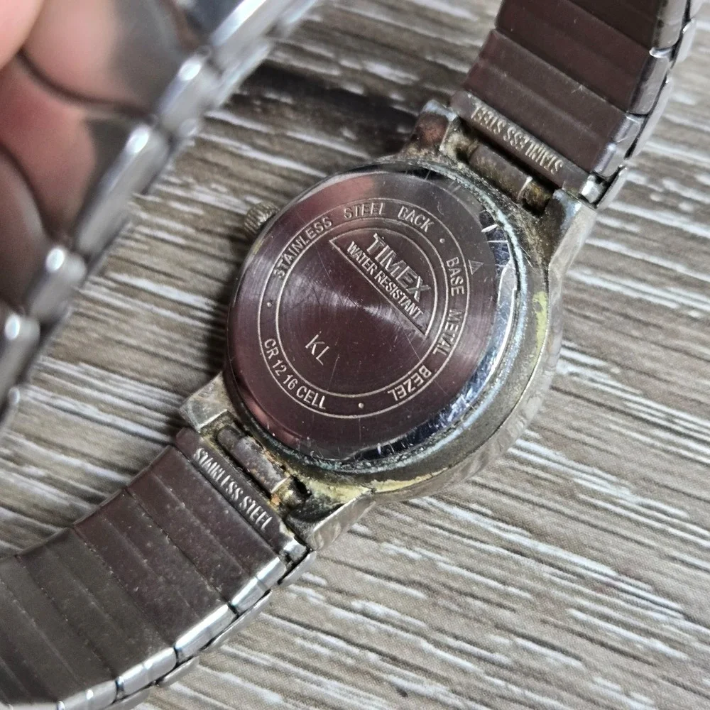 Carriage by Timex Indiglo Watch Black Dial Round Silver Tone Case Stretch Band 6